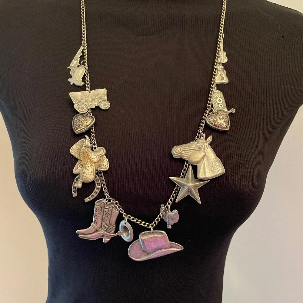 Vintage Western Charm Necklace Silver Tone Cowboy Hat Boot Horseshoe Heart 24 In